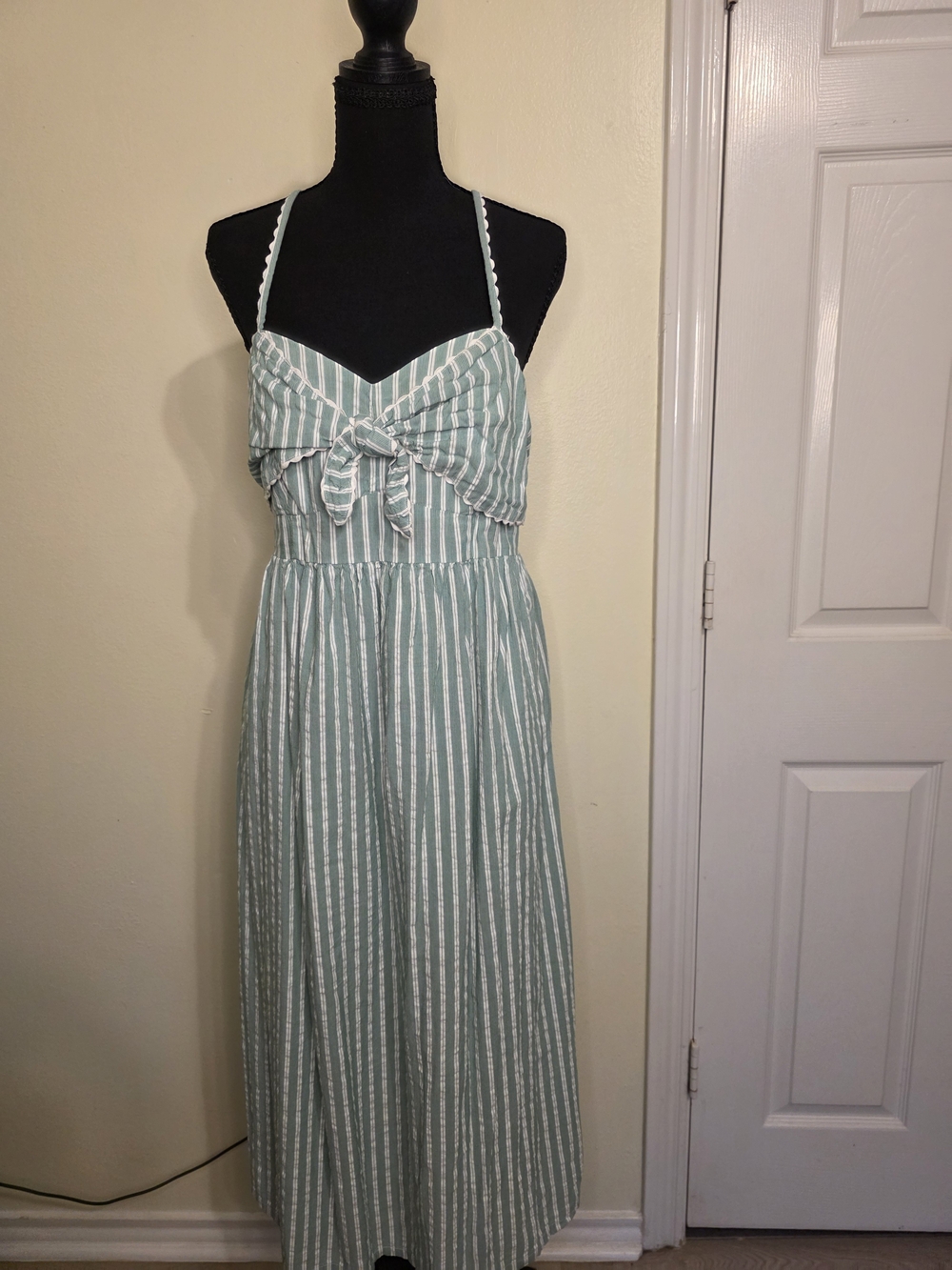 Old Navy Mint and White Striped Tie-Front Midi Dress -maternity - WITH POCKETS